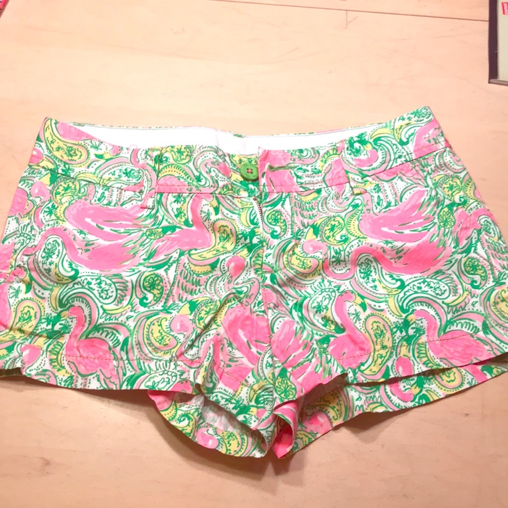 Lilly Pulitzer Pink Green Paisley Flamingo Stretch Cotton Shorts